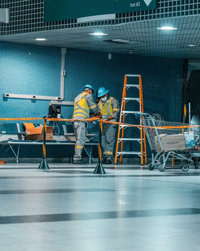 Technik przy przeglądzie instalacji w budynku biurowym