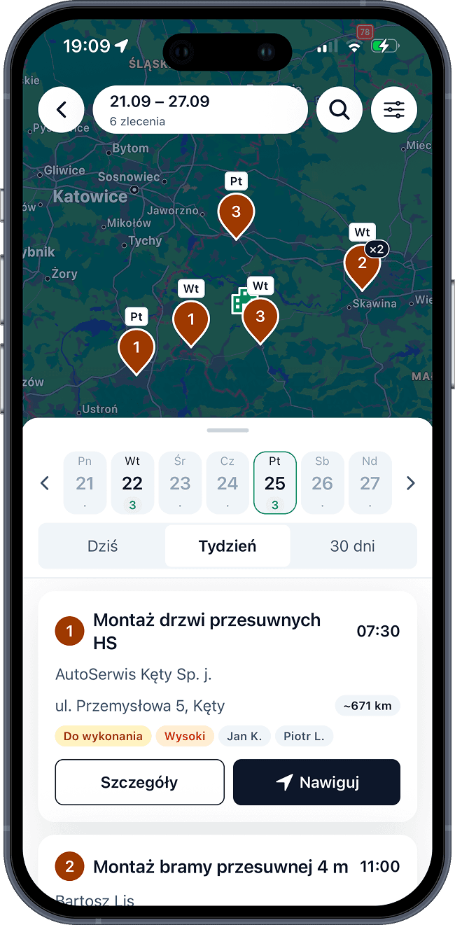 Aplikacja montera na telefonie — mapa zleceń dnia i kalendarz tygodnia