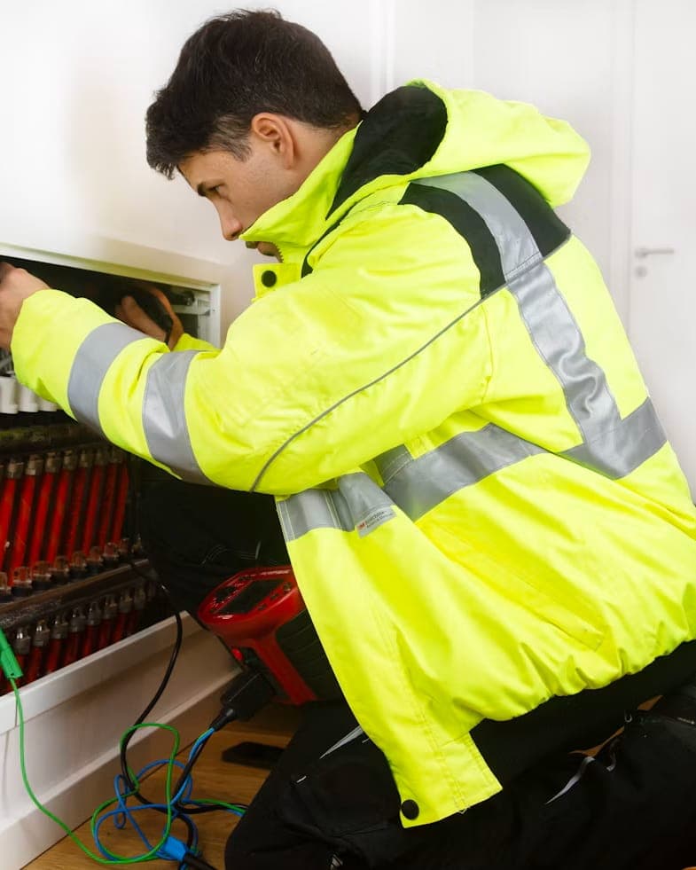Elektryk przy rozdzielnicy u klienta