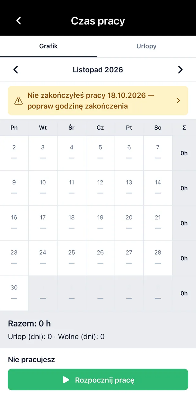 Grafik czasu pracy w aplikacji pracownika — kalendarz miesiąca, suma godzin i przycisk Rozpocznij pracę