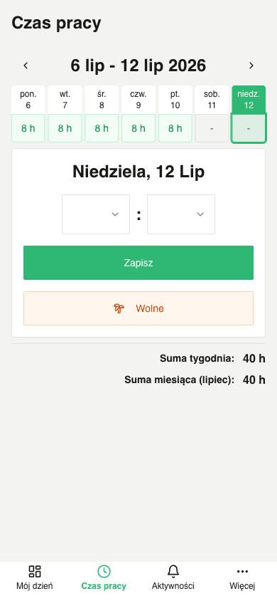 Ewidencja czasu pracy w aplikacji montera — godziny wpisywane bez telefonu do biura