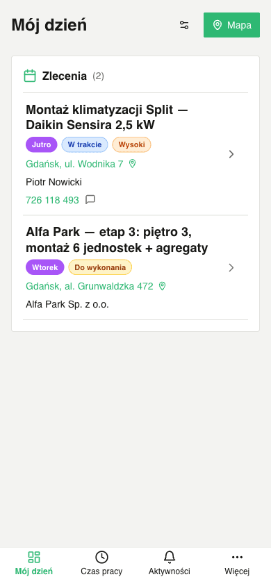 Widok Mój dzień w aplikacji montera — zlecenia z adresem, telefonem i statusem