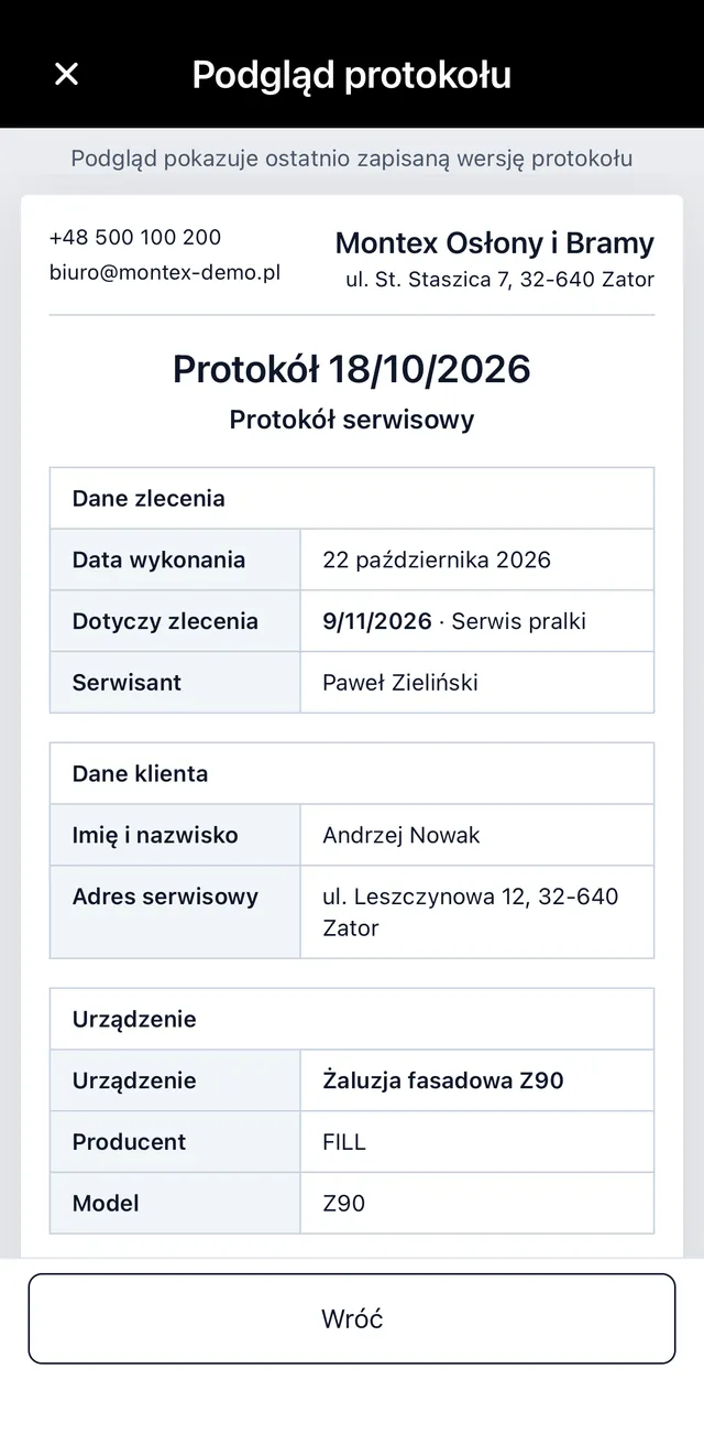 Podgląd protokołu serwisowego w aplikacji mobilnej — dane zlecenia, klienta i urządzenia