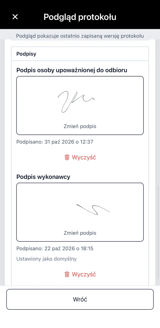 Podpisy klienta i wykonawcy na protokole odbioru w aplikacji mobilnej ServiceKoala