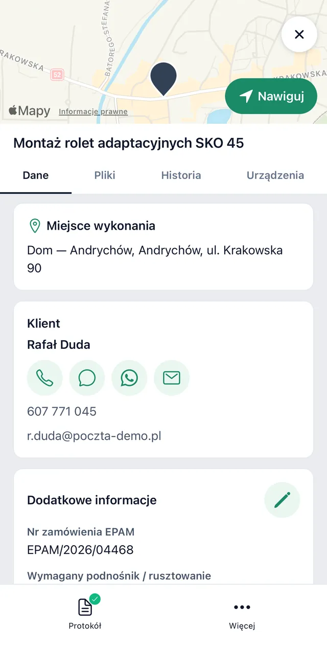 Szczegóły zlecenia montażu w aplikacji serwisanta — adres, klient z przyciskami telefon, SMS, WhatsApp i e-mail