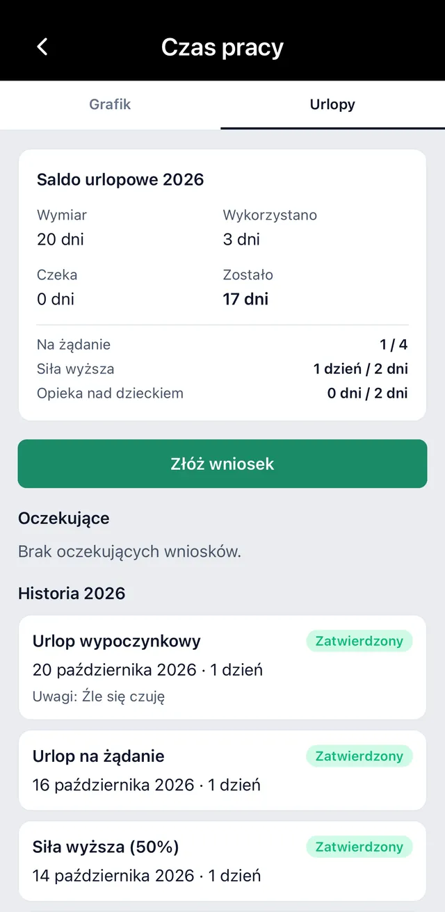 Saldo urlopowe i historia wniosków urlopowych w aplikacji mobilnej ServiceKoala